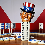 **

A symbolic representation of the "Domino Theory." Picture a line of dominoes styled like Southeast Asian countries, beginning to fall. In the background, a large, imposing Uncle Sam figure is attempting to prop up the first domino, but his efforts are causing the other dominoes to wobble and crack. The overall tone is chaotic and highlights the unintended consequences of intervention, with a hint of a propaganda poster aesthetic gone wrong.

**