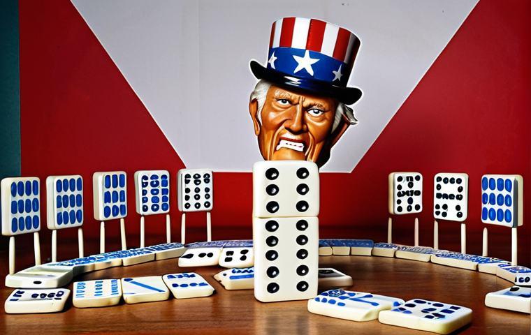 **

A symbolic representation of the "Domino Theory." Picture a line of dominoes styled like Southeast Asian countries, beginning to fall. In the background, a large, imposing Uncle Sam figure is attempting to prop up the first domino, but his efforts are causing the other dominoes to wobble and crack. The overall tone is chaotic and highlights the unintended consequences of intervention, with a hint of a propaganda poster aesthetic gone wrong.

**