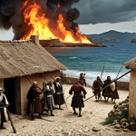 **"Wokou pirates raiding a coastal Italian village in the 15th century, thatched-roof houses ablaze, villagers armed with pitchforks and farming tools defending their homes, a stormy sea in the background, reminiscent of a Renaissance painting."**