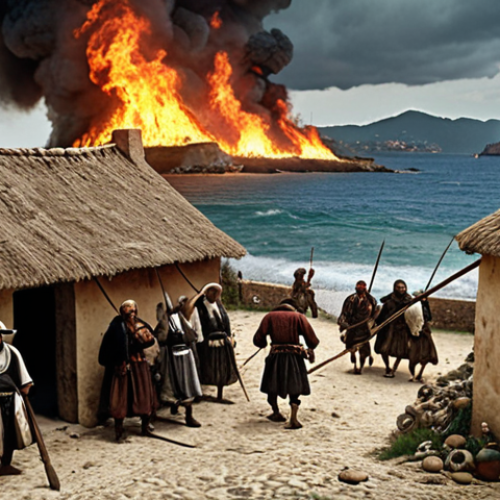 **"Wokou pirates raiding a coastal Italian village in the 15th century, thatched-roof houses ablaze, villagers armed with pitchforks and farming tools defending their homes, a stormy sea in the background, reminiscent of a Renaissance painting."**