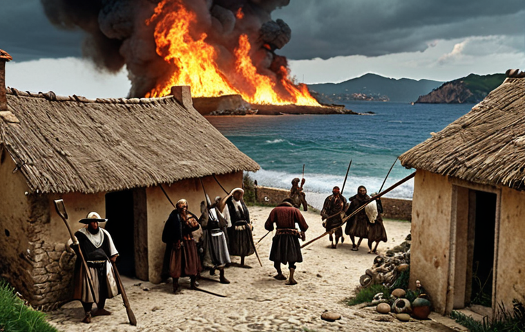 **"Wokou pirates raiding a coastal Italian village in the 15th century, thatched-roof houses ablaze, villagers armed with pitchforks and farming tools defending their homes, a stormy sea in the background, reminiscent of a Renaissance painting."**